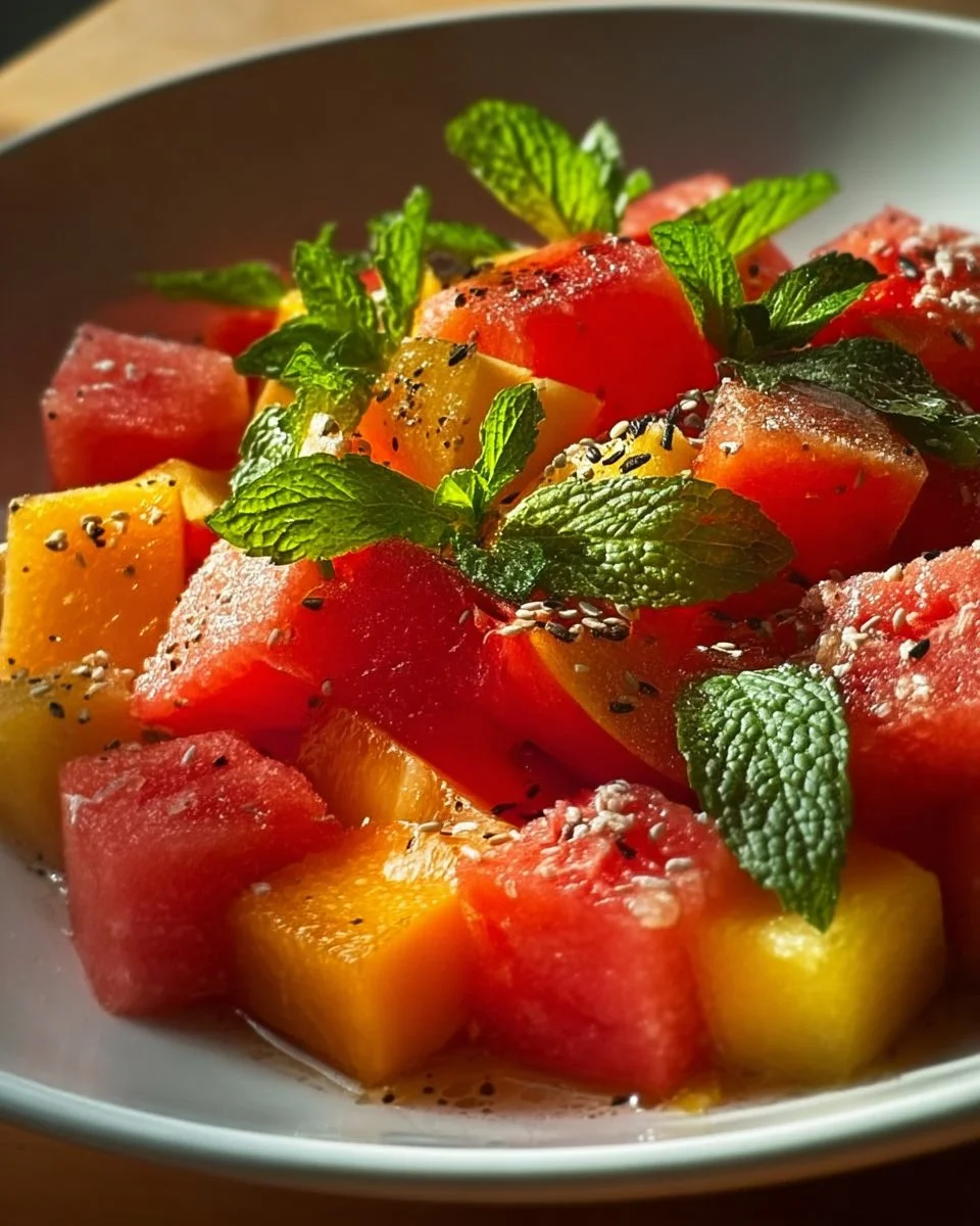 Fresh Peach Watermelon Salad with mint and lime dressing