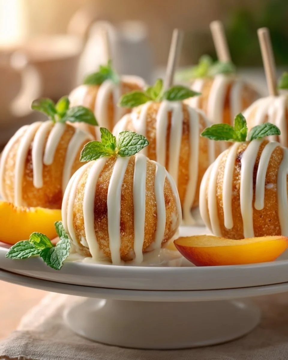 Peach Cobbler Cake Pops with peach topping and crumble decoration