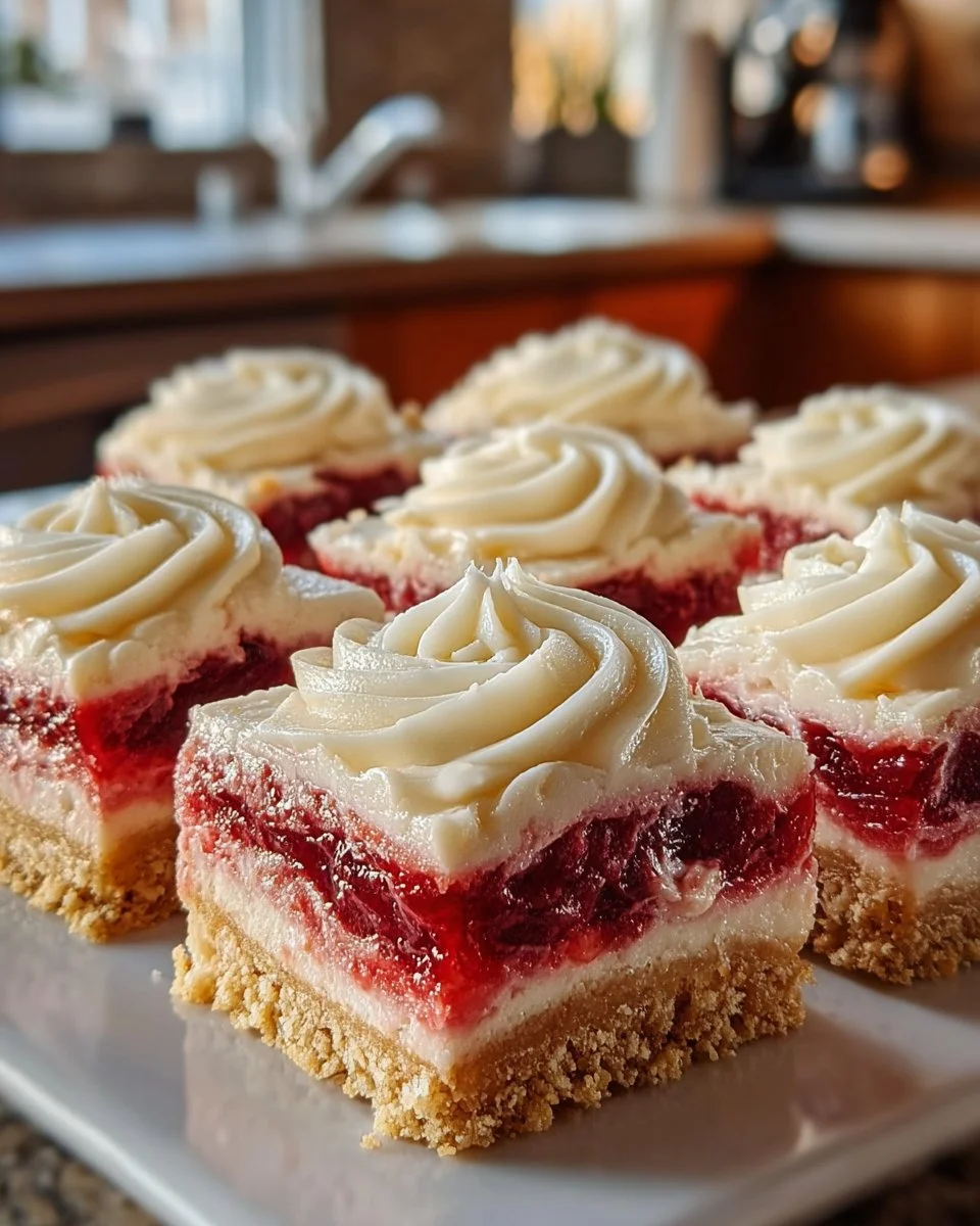 Delicious rhubarb bars topped with creamy cream cheese frosting.