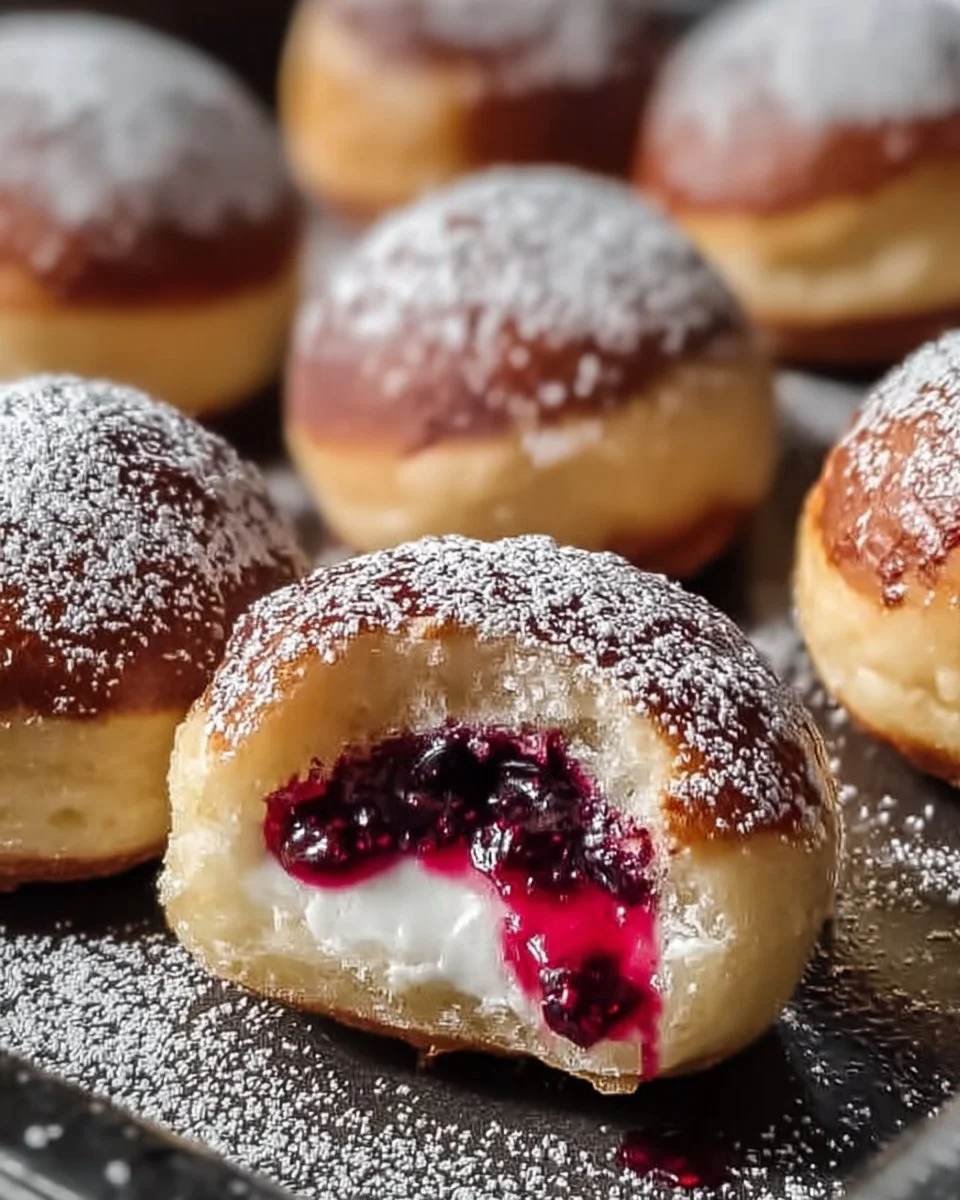 Rhubarb cheesecake bombs topped with fresh rhubarb and cream, perfect dessert.