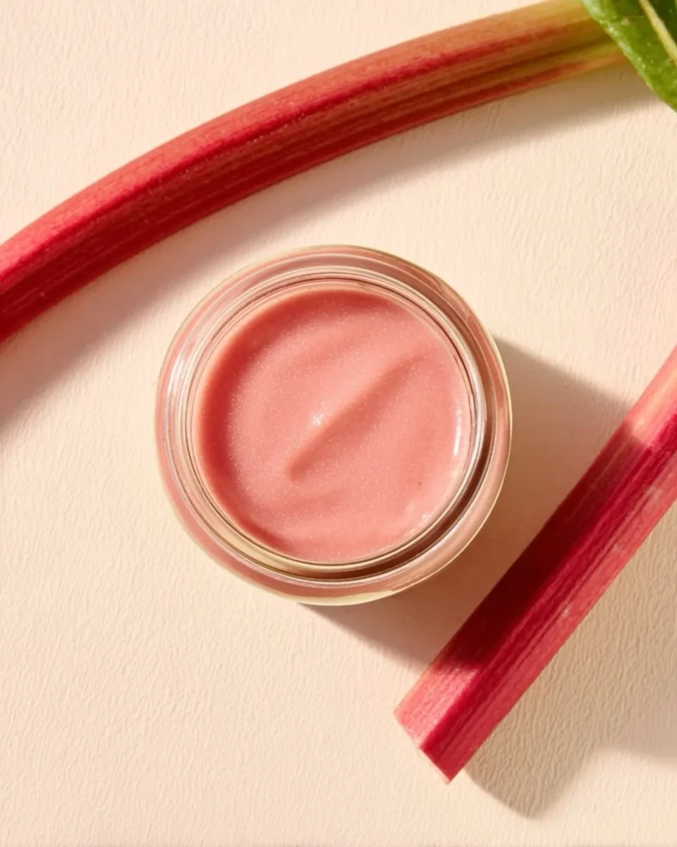 Delicious rhubarb curd in a glass jar with a spoon beside it.