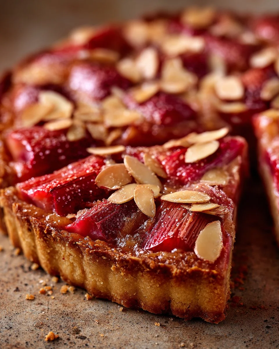 Rhubarb tart topped with almond cream and a frangipane filling