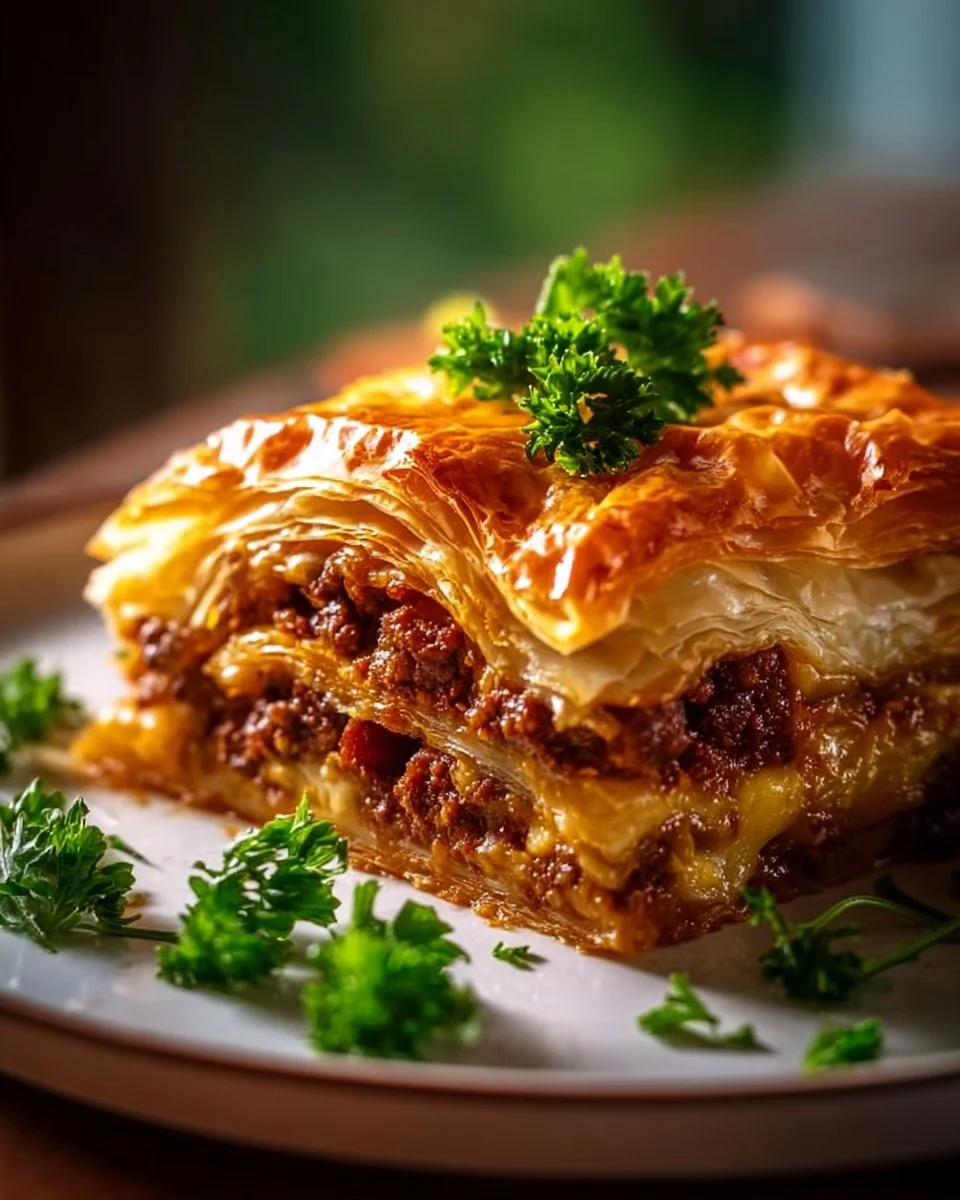 Savory beef and bacon puff pastry baked to golden perfection