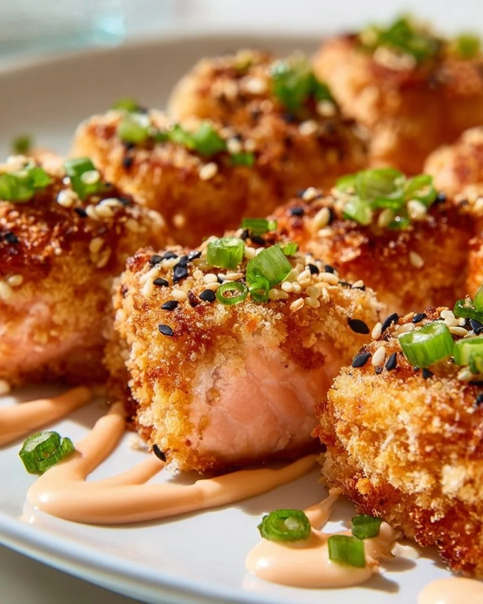 Sesame crusted salmon bites served on a plate with dipping sauce