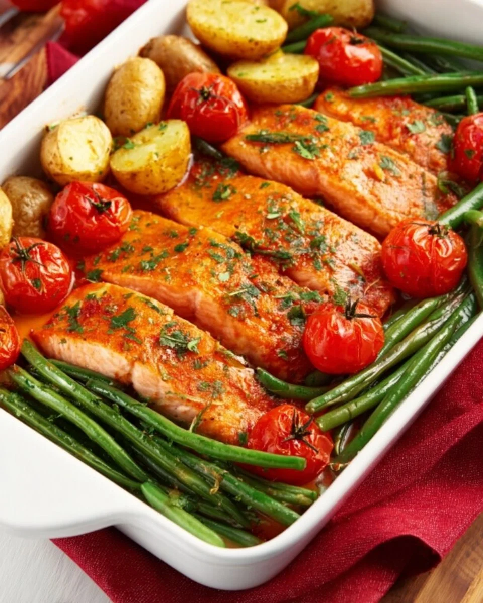 Sheet pan maple glazed salmon with colorful roasted vegetables for a healthy dinner.