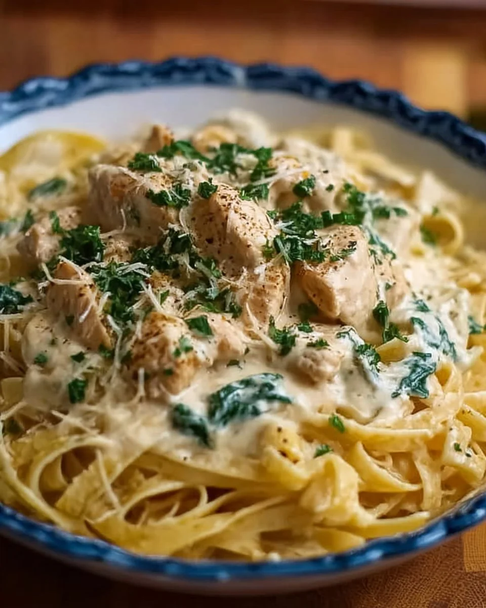 Creamy Chicken Alfredo served in a bowl with fettuccine and parsley garnish.