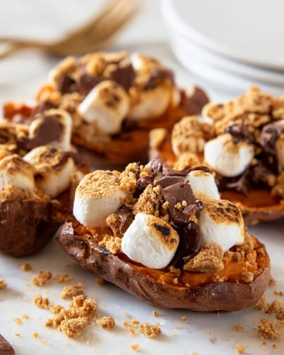 S’mores Stuffed Sweet Potatoes 1 S'mores stuffed sweet potatoes with marshmallows and chocolate
