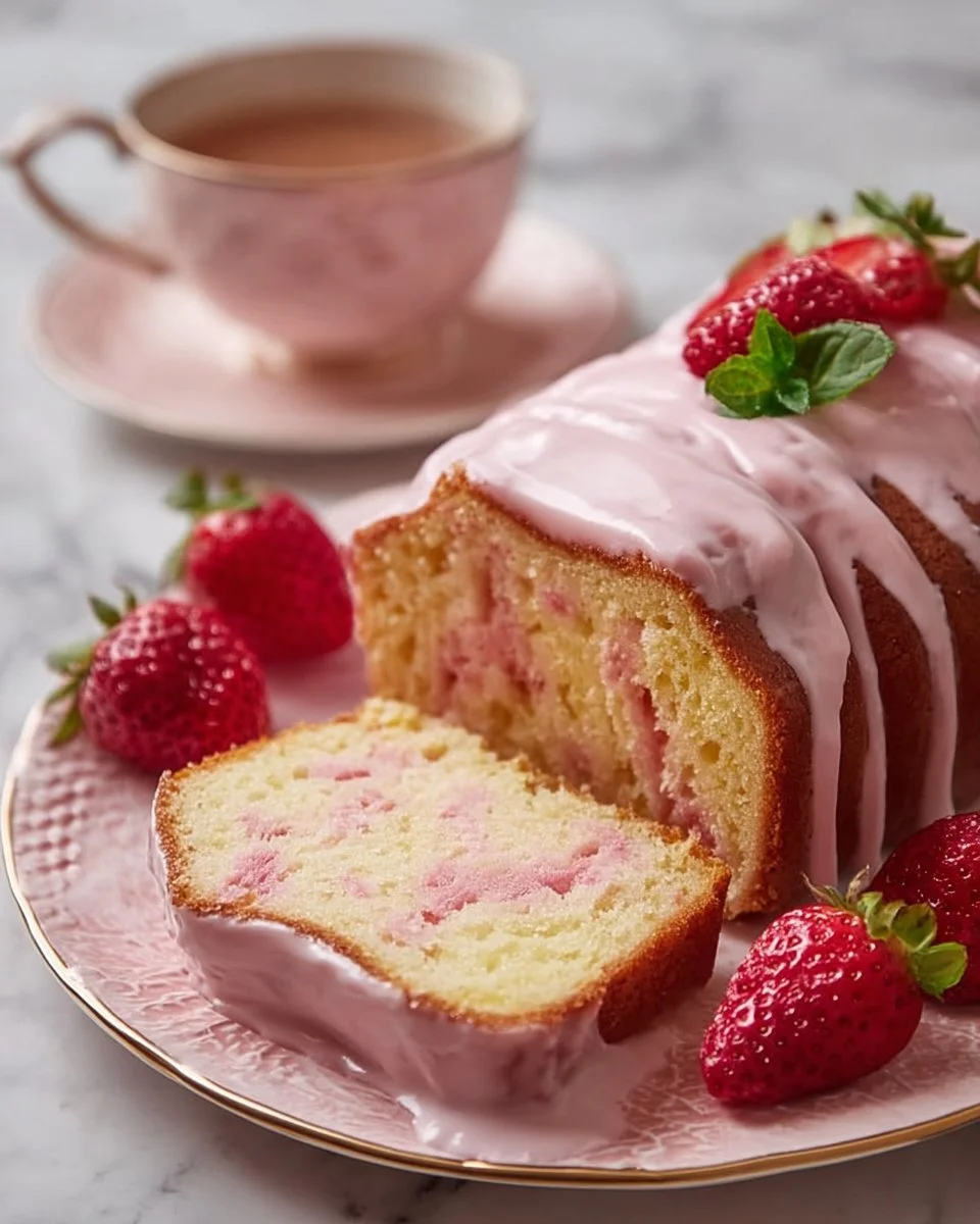 Strawberry Milkshake Pound Cake 1 Slice of Strawberry Milkshake Pound Cake on a white plate with strawberries.
