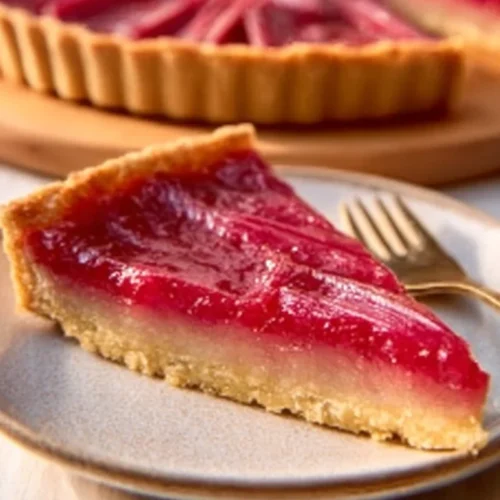 Delicious rhubarb custard tart with a flaky crust and creamy filling