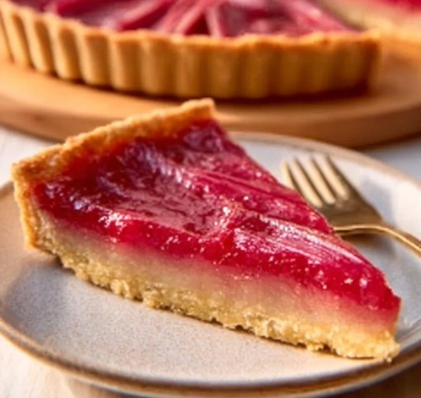 Delicious rhubarb custard tart with a flaky crust and creamy filling