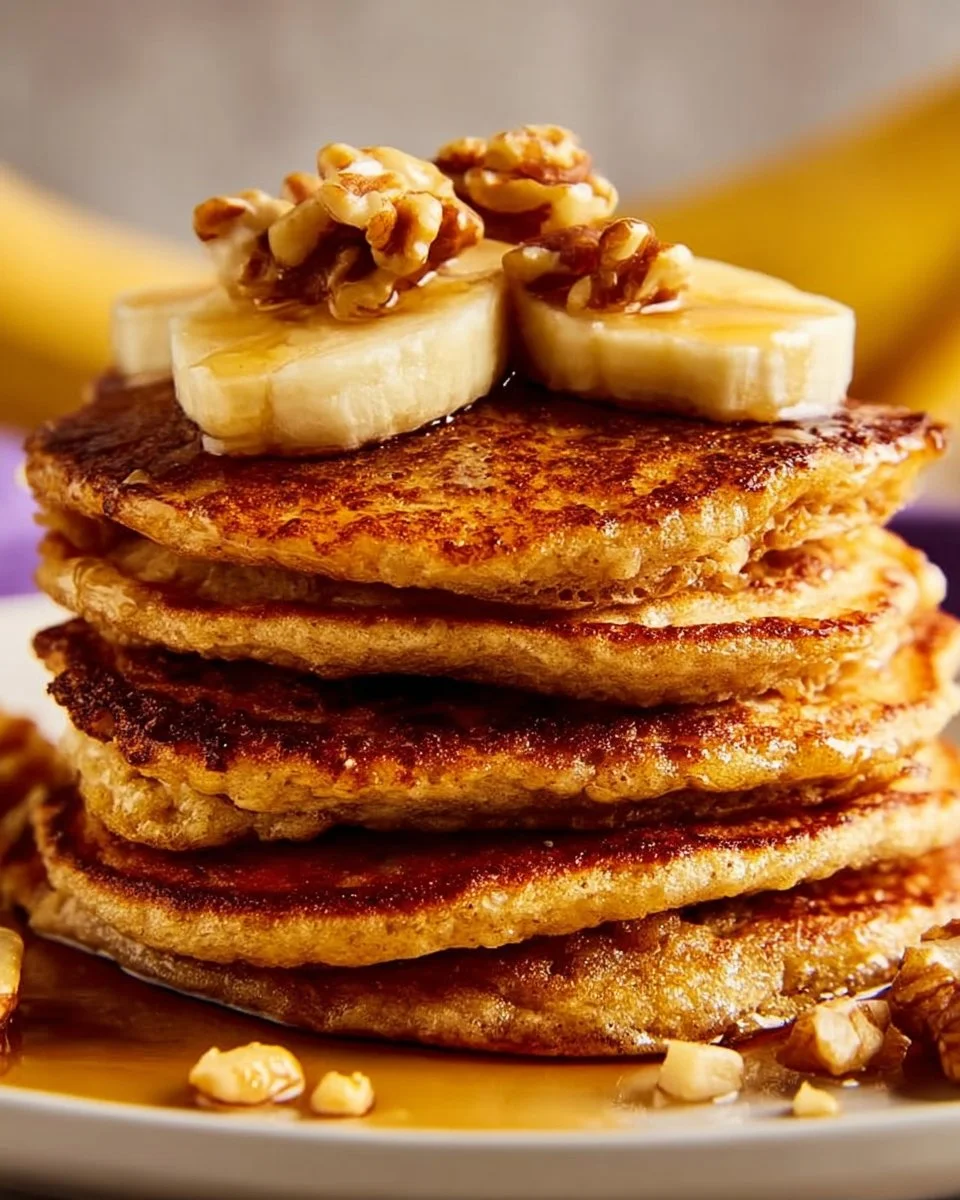 Banana Oat Pancakes Recipe 1 Delicious banana oat pancakes served on a plate with syrup and fruit