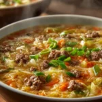 Delicious beef vegetable soup in a bowl with fresh vegetables and herbs