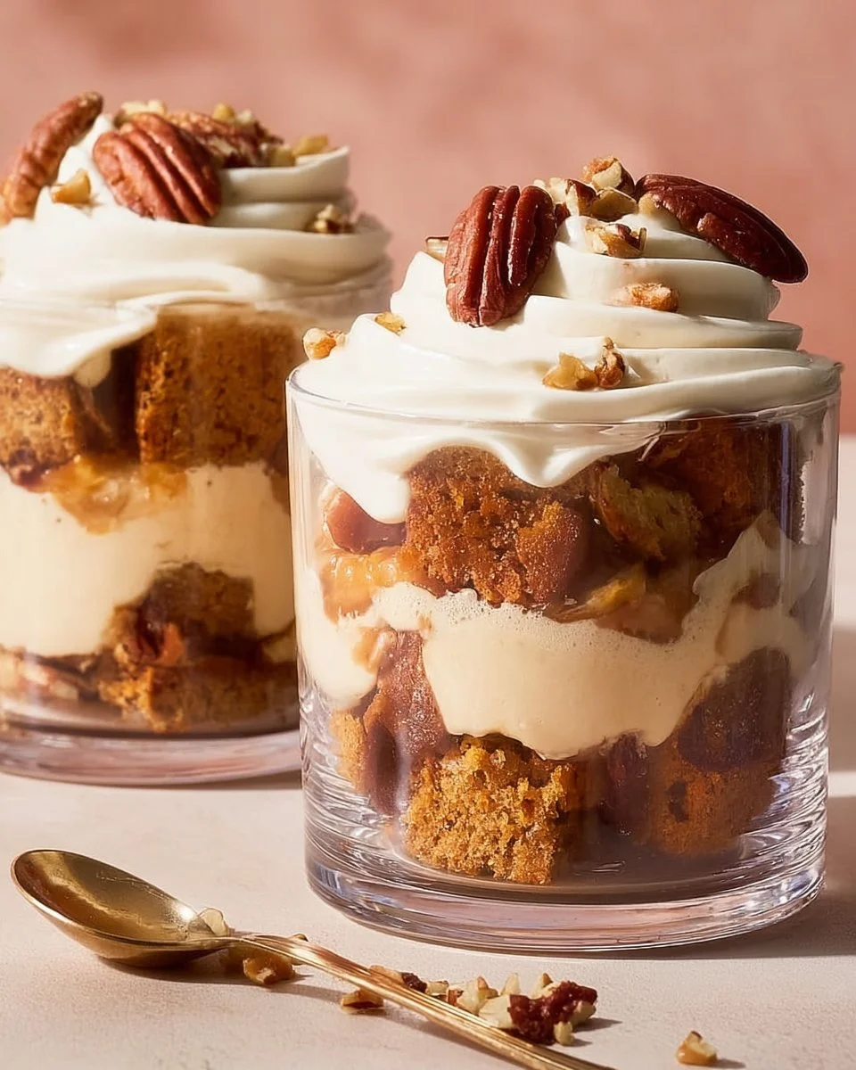 Carrot cake mini trifles with layers of cake and cream in elegant glasses