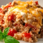 Cheesy beef and rice casserole dish topped with melted cheese and herbs.