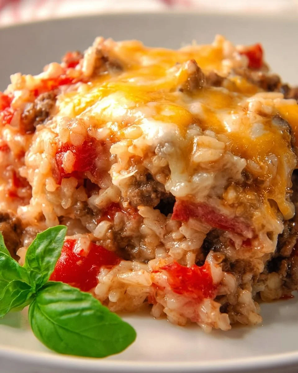 Cheesy beef and rice casserole dish topped with melted cheese and herbs.