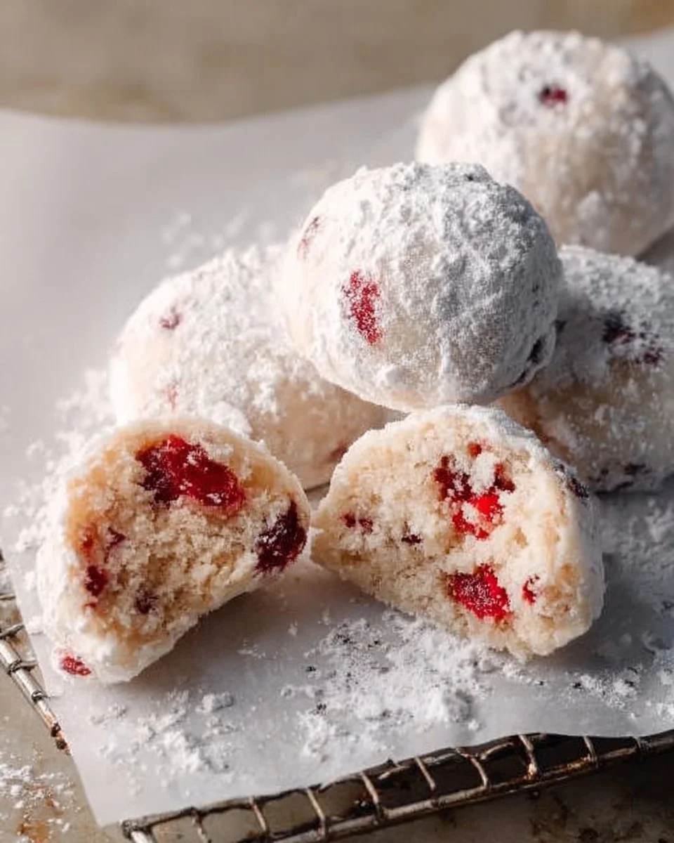 Homemade Cherry Almond Snowball Cookies on a festive plate