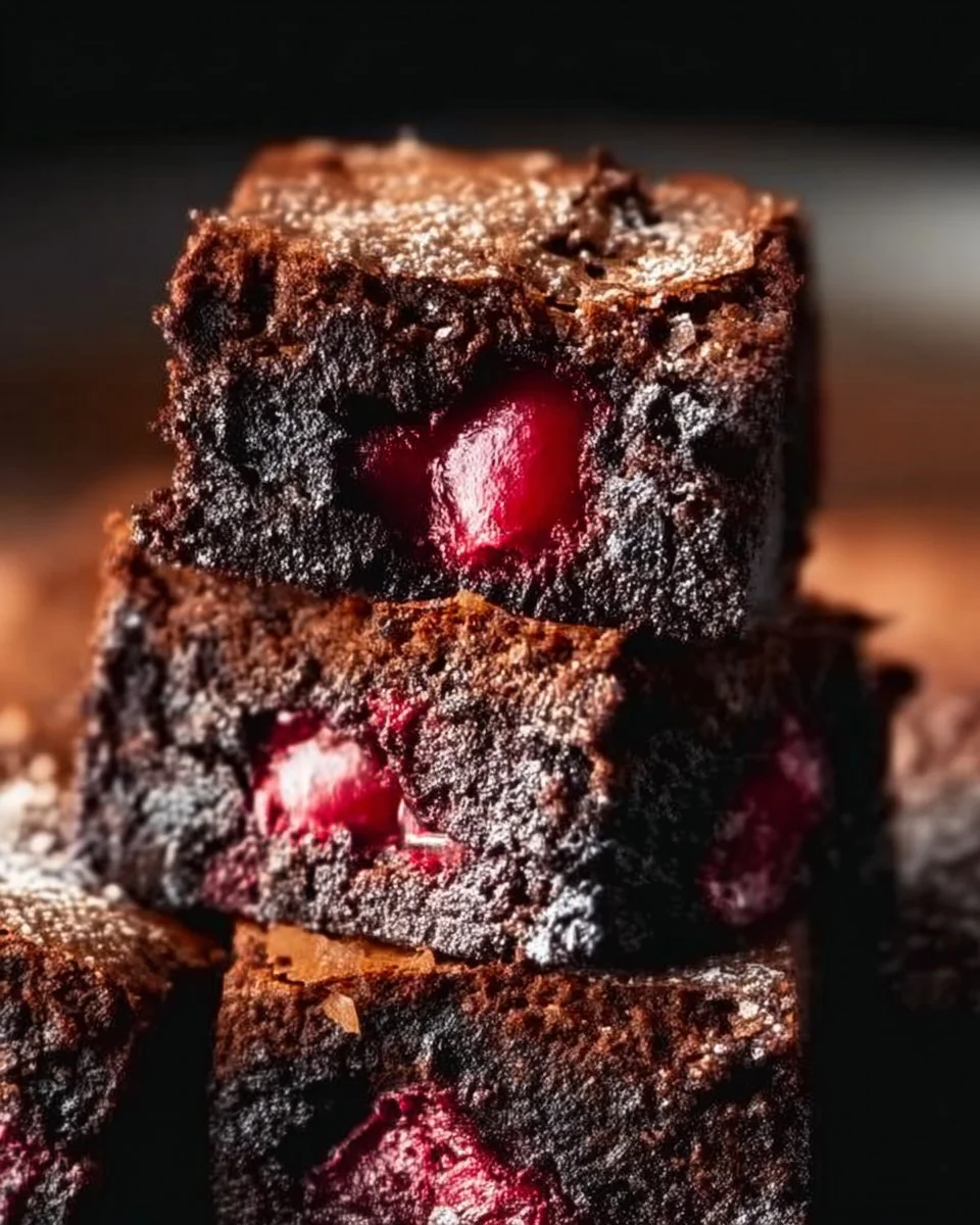 Delicious homemade cherry brownies topped with fresh cherries and chocolate.