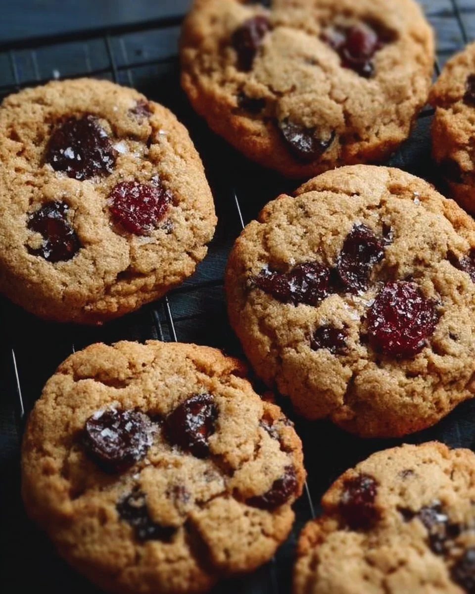 Delicious cherry chocolate chip cookies stacked on a plate