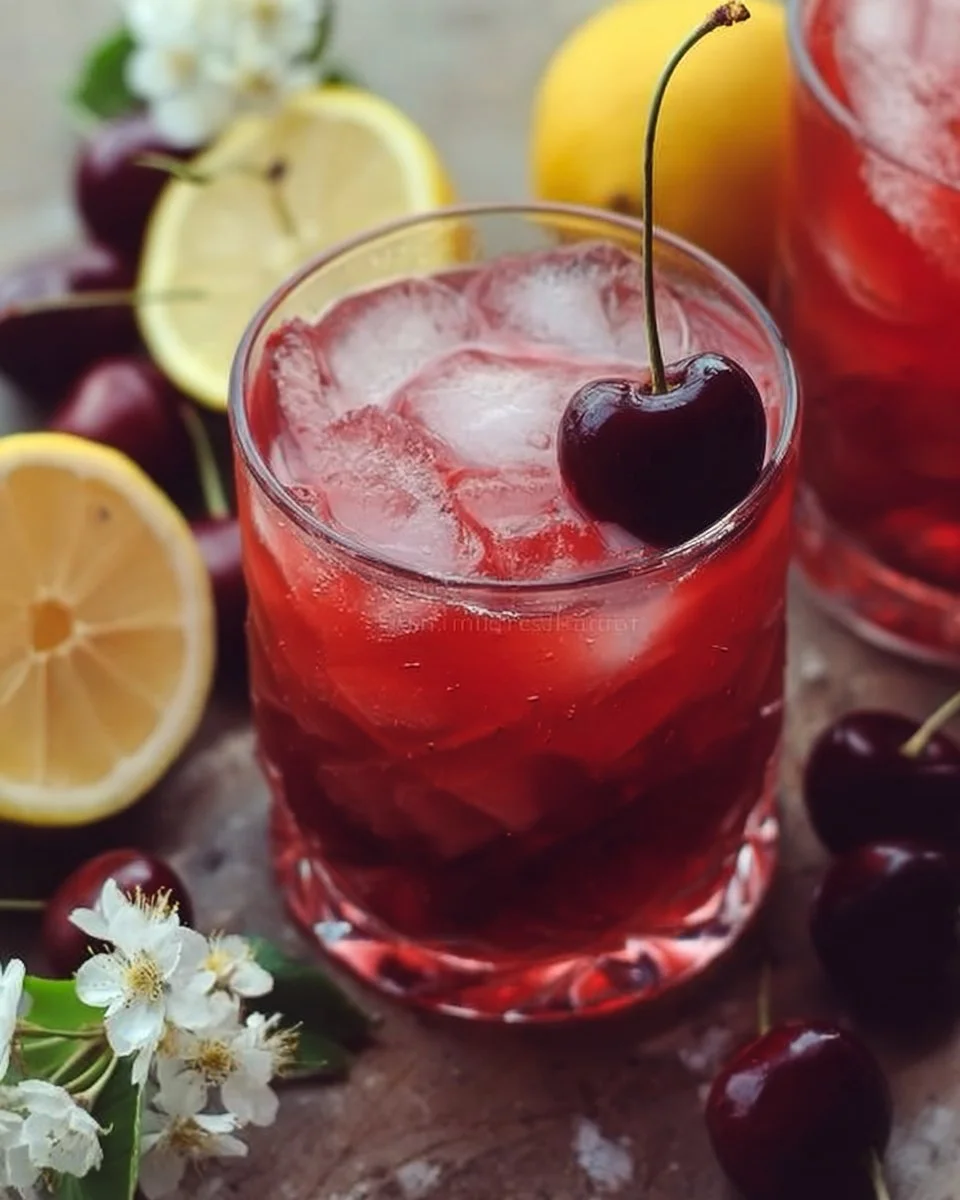 Cherry Lemonade 1 Glass of cherry lemonade with fresh cherries and lemon slices