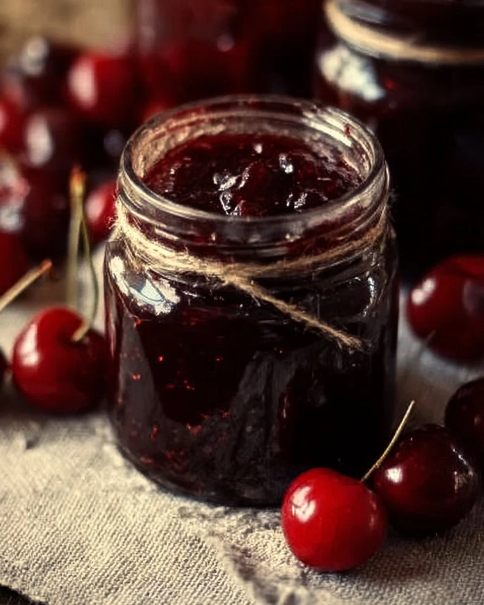 Cherry Preserves 1 Homemade cherry preserves in a jar with fresh cherries on a wooden table.