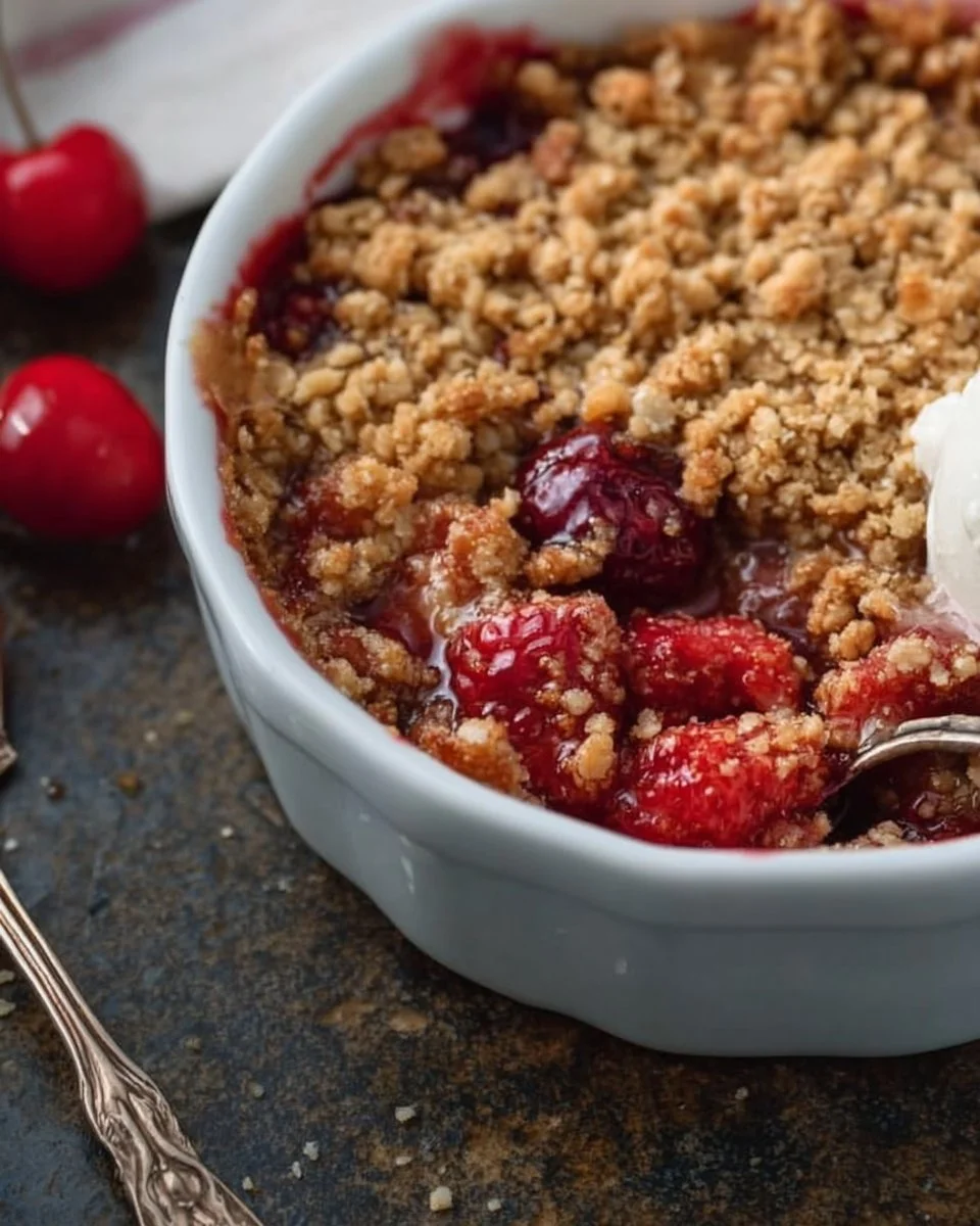 Delicious Cherry Rhubarb Crisp dessert ready to serve