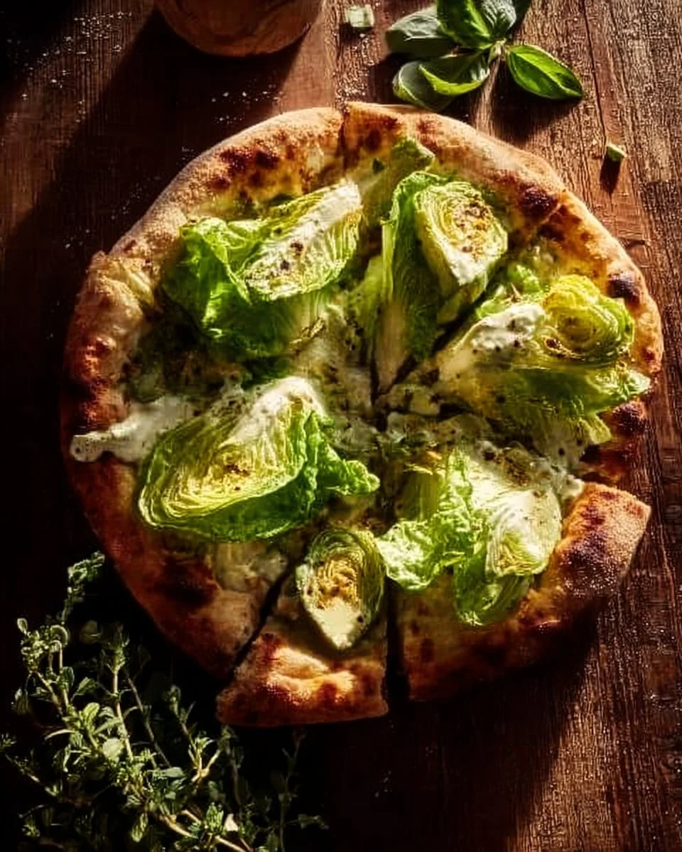 Delicious Chicken Caesar Salad Pizza topped with romaine, grilled chicken, and Caesar dressing