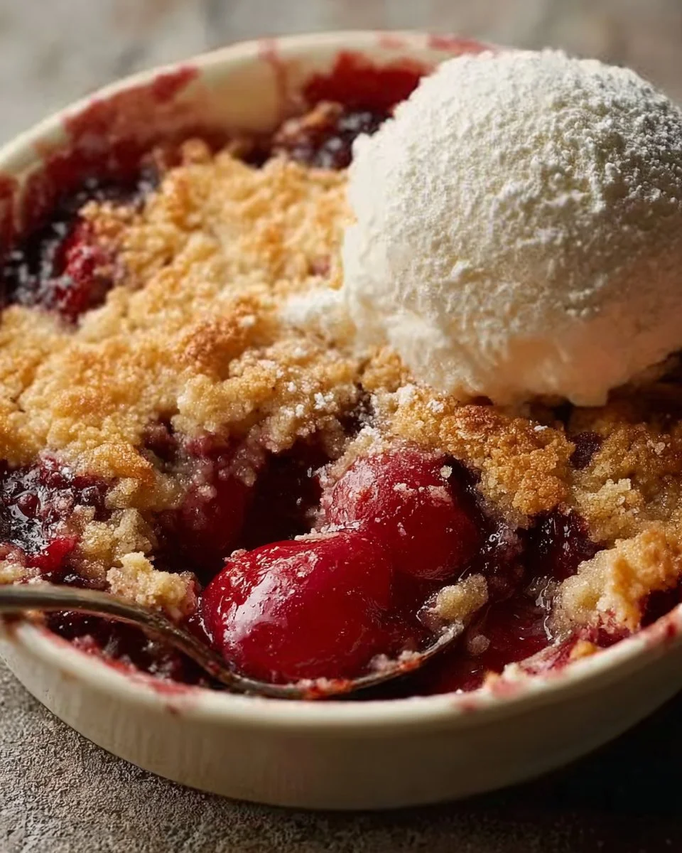 Easy Cherry Cobbler Recipe 1 Delicious homemade cherry cobbler served in a baking dish