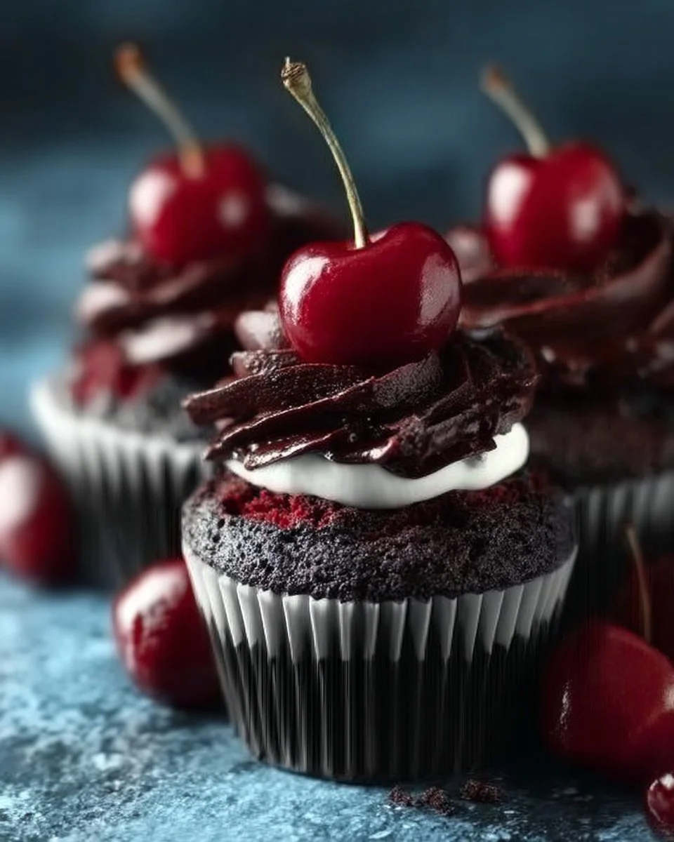 Delicious chocolate cherry cupcakes topped with creamy frosting and cherries