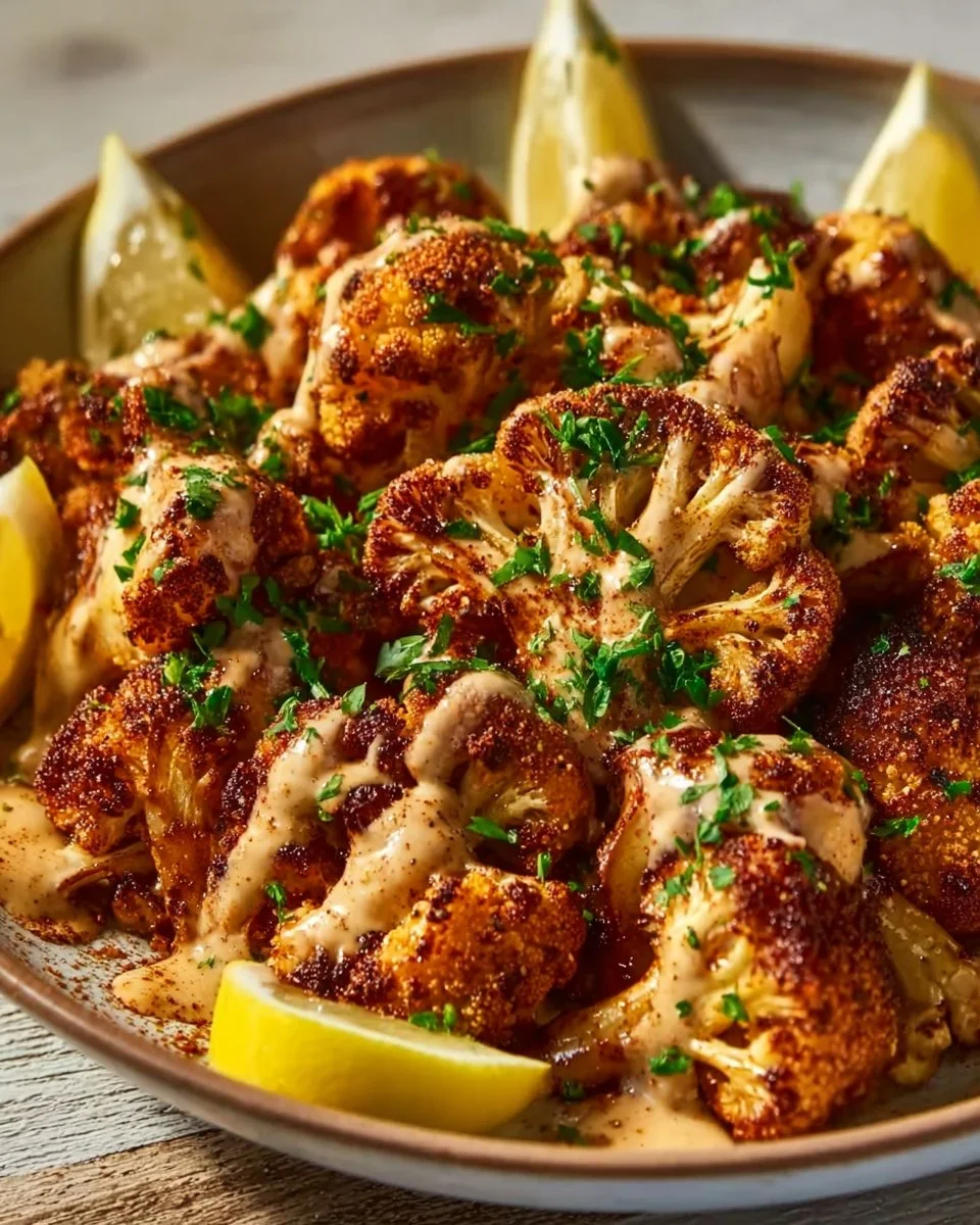 Easy Moroccan Cauliflower recipe topped with tahini and honey