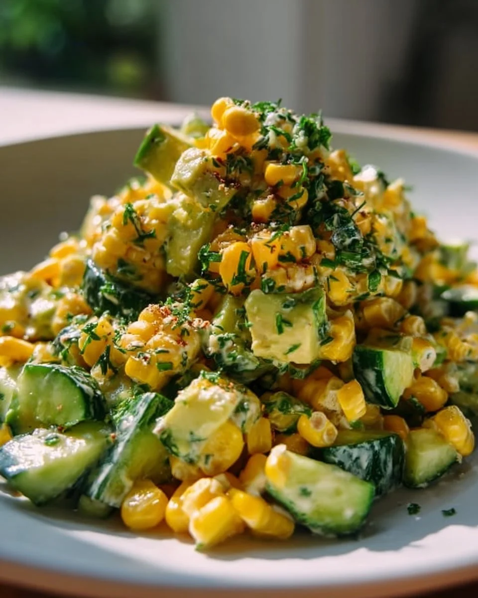 Fresh corn salad with avocado and cucumber in a bowl.