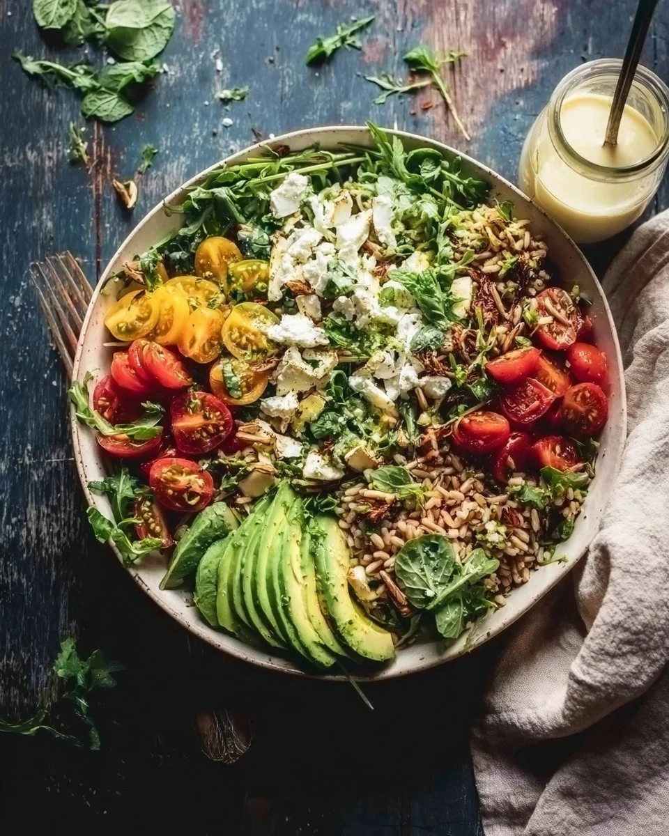 Greek Tahini Chicken Bowls with Feta Orzo 1 Greek Tahini Chicken Bowl with Feta Orzo and fresh ingredients