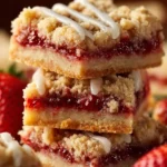 Homemade strawberry shortcake bars topped with fresh strawberries and whipped cream.