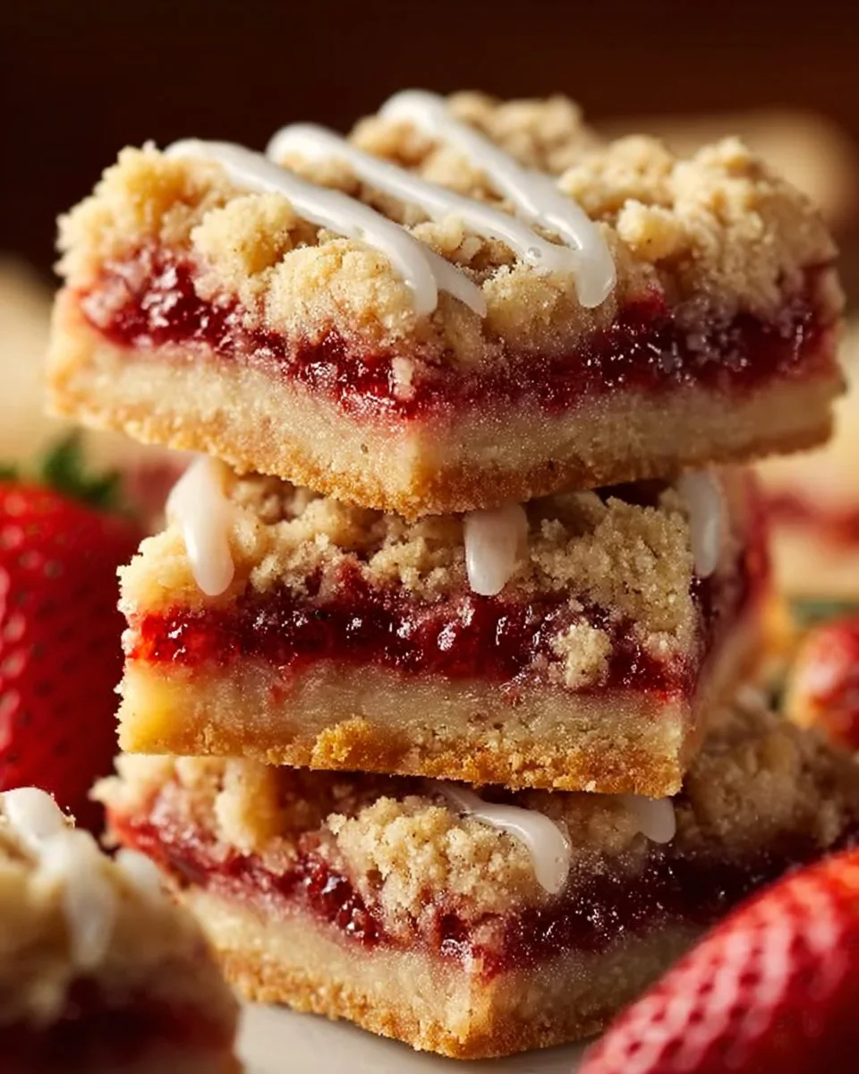 Homemade strawberry shortcake bars topped with fresh strawberries and whipped cream.