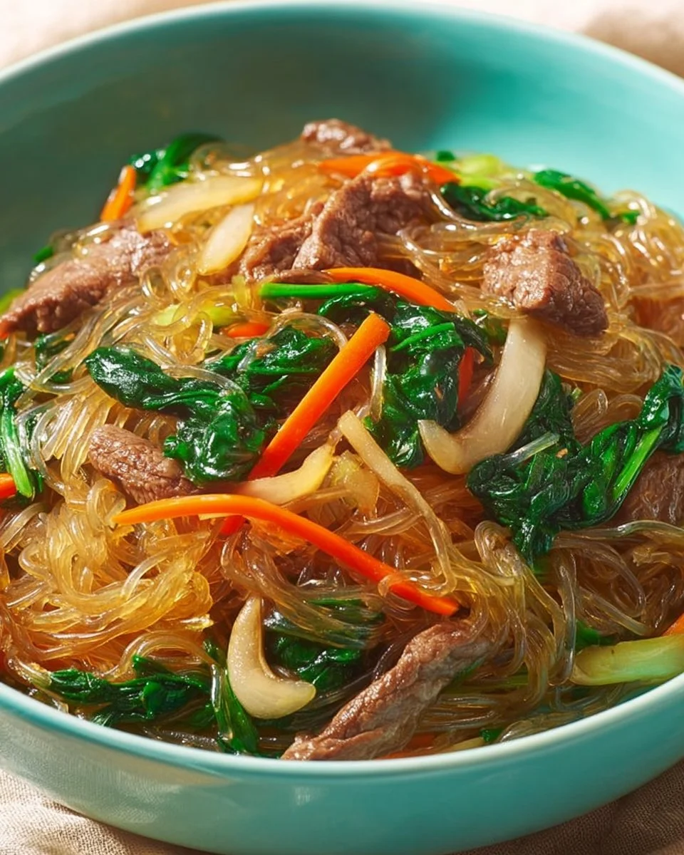 Delicious bowl of Japchae with colorful vegetables and glass noodles