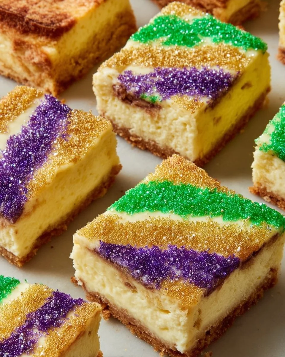 Delicious King Cake Cheesecake Bars decorated for Mardi Gras celebration