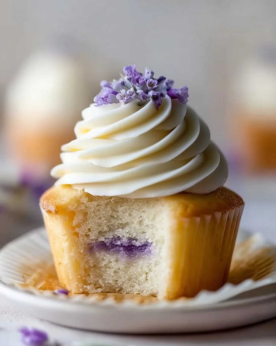 Lavender honey cupcakes topped with lavender frosting
