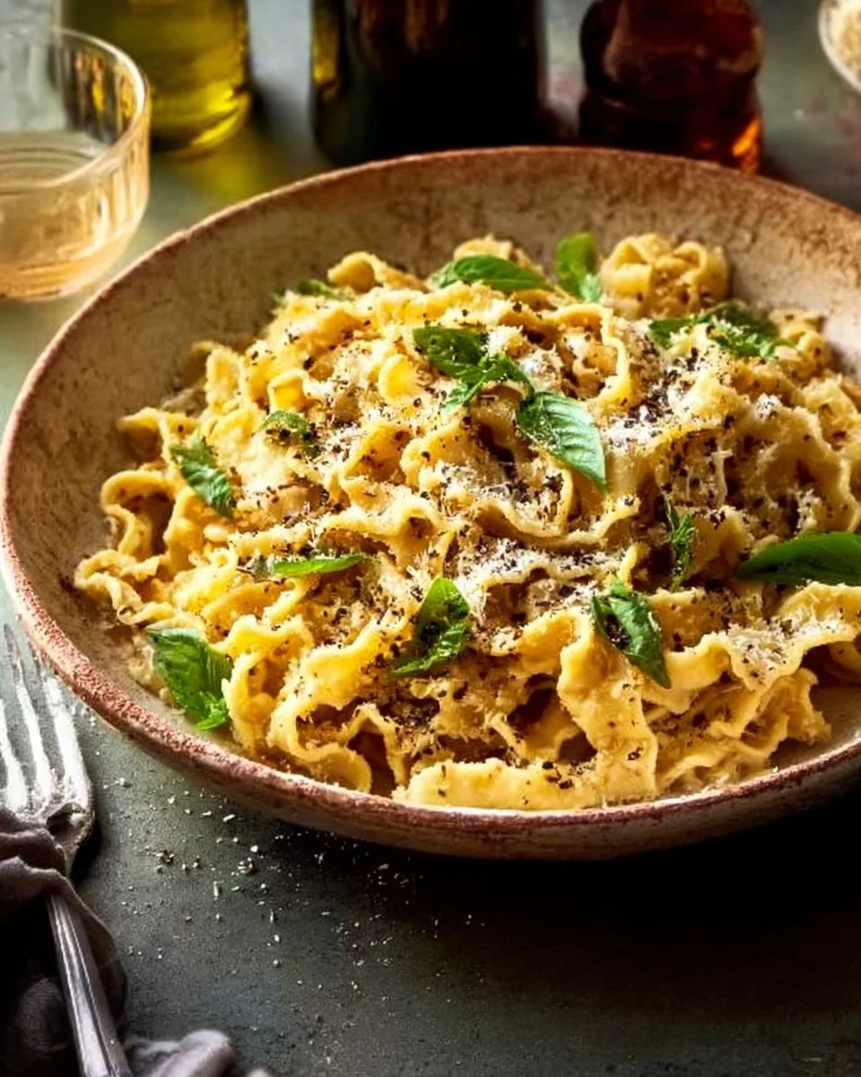Lemon Basil Zucchini Pasta Alfredo served in a bowl with fresh basil leaves