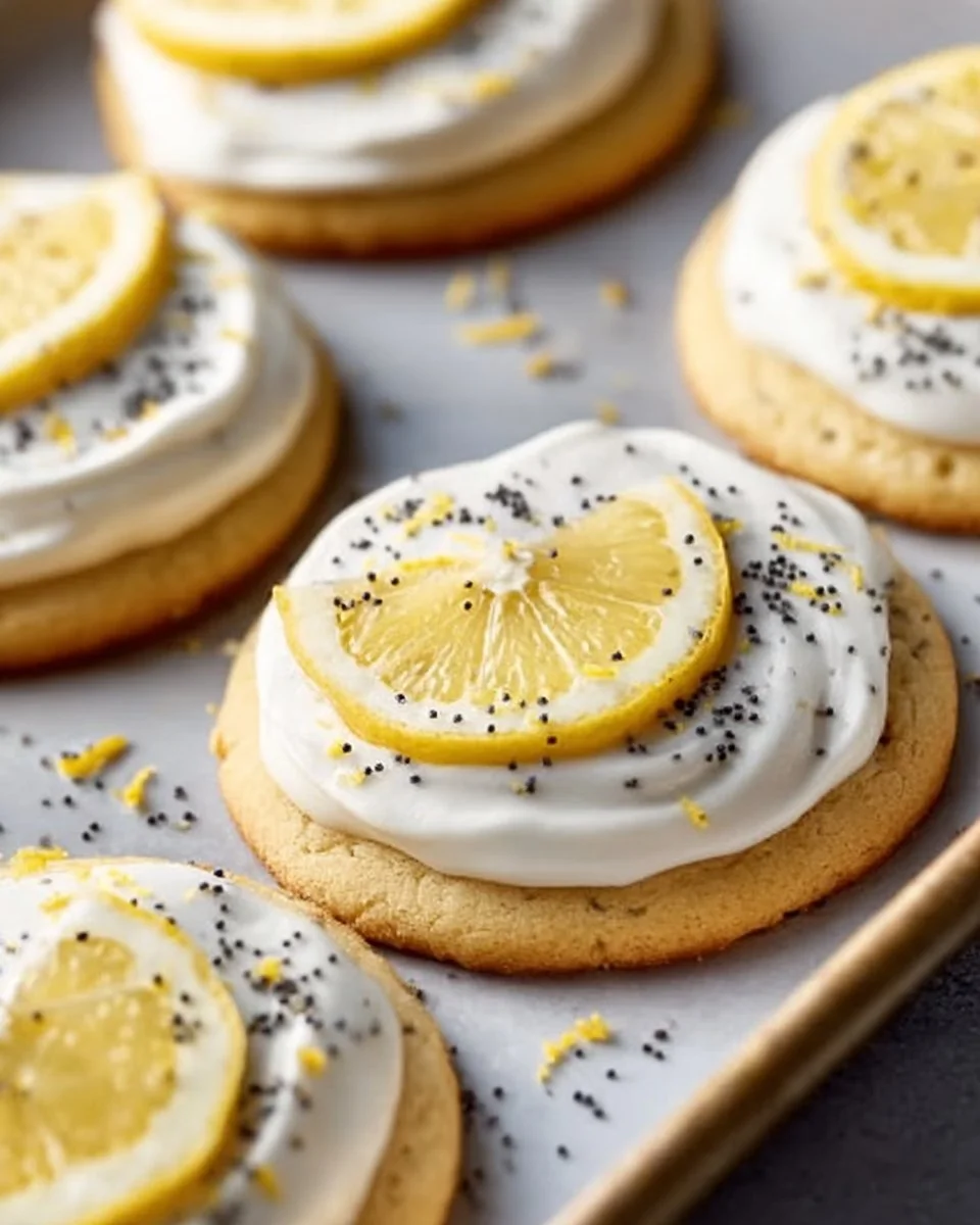Lemon poppy seed cheesecake cookies displayed on a plate