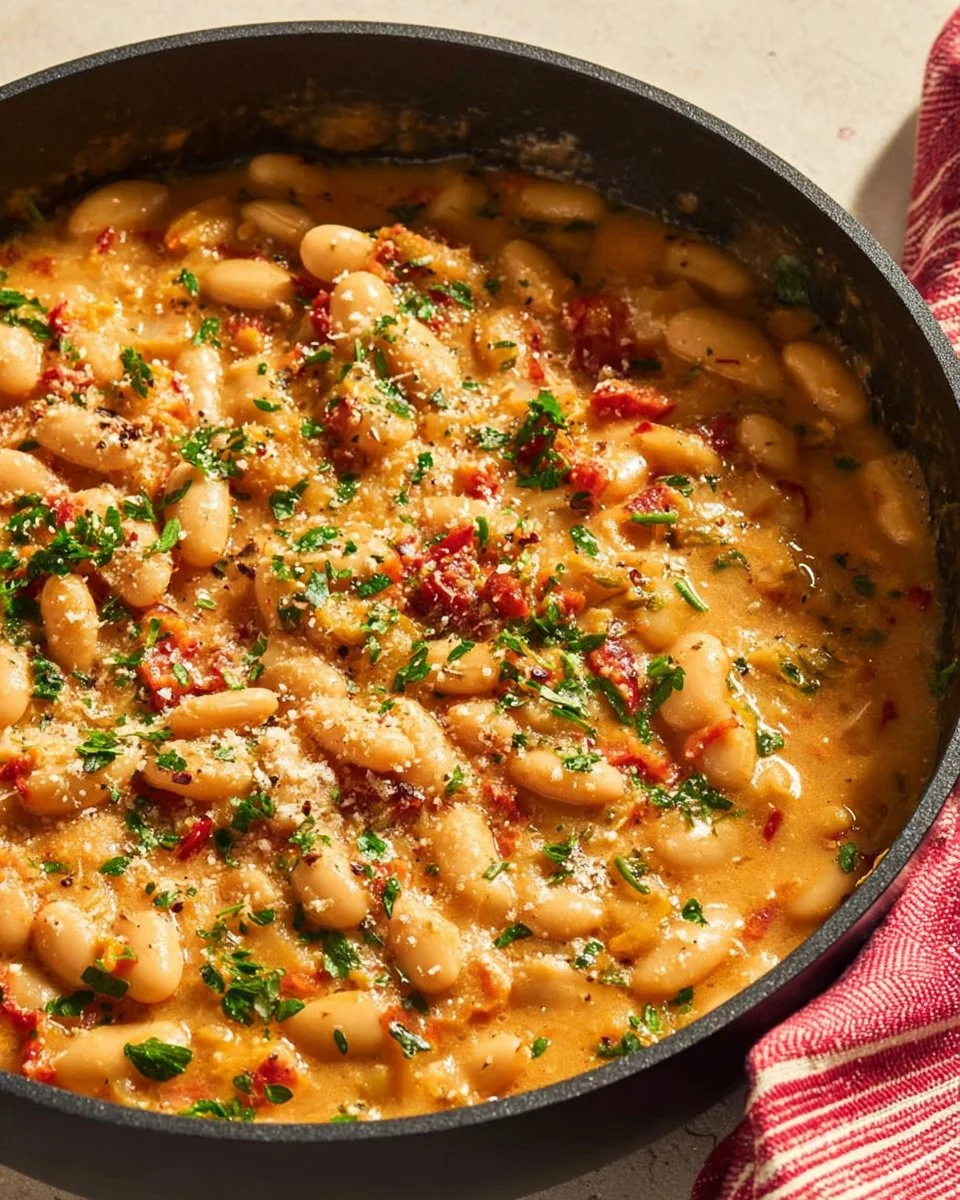 Delicious Marry Me Skillet Beans served in a cast iron skillet