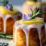 Mini lemon cakes drizzled with lavender glaze on a white plate