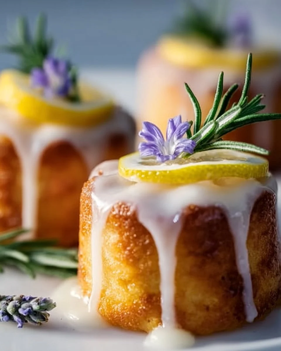 Mini lemon cakes drizzled with lavender glaze on a white plate