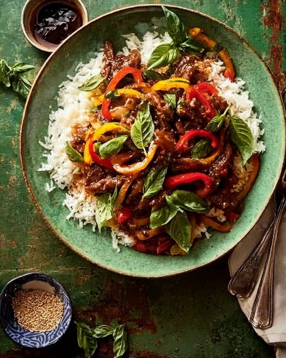 Delicious sesame basil beef stir fry in a bowl with fresh ingredients
