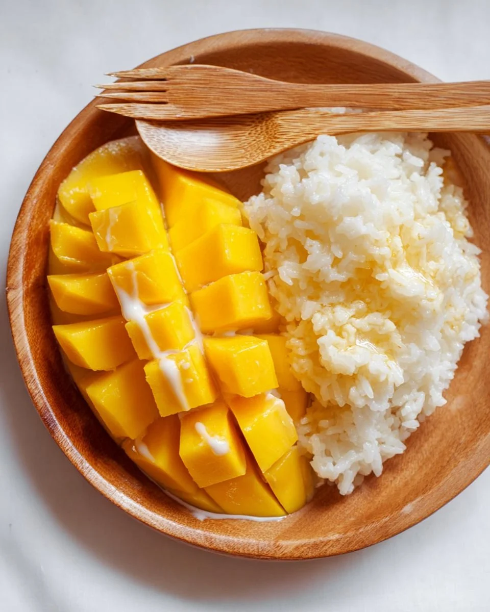 Delicious homemade mango sticky rice dessert with ripe mango slices and coconut sauce