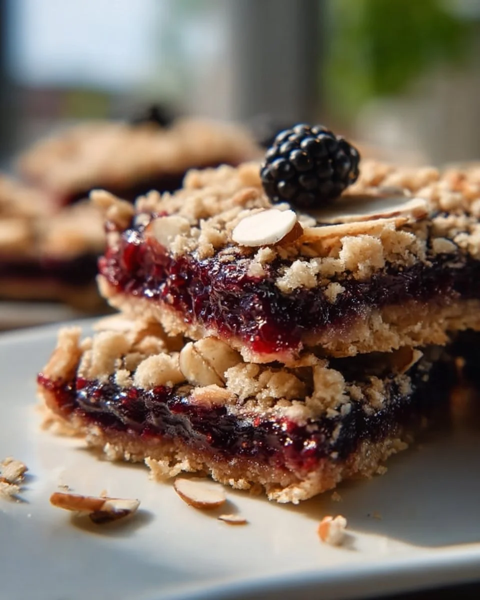 Mulberry Almond Oat Bars Recipe 1 Delicious homemade Mulberry Almond Oat Bars on a wooden table