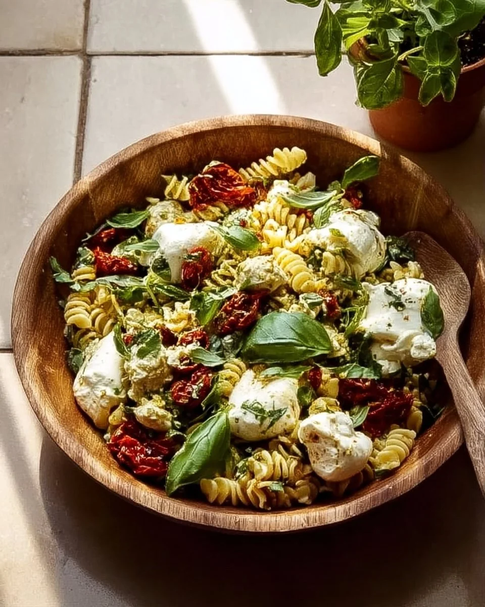 Pasta salad with burrata cheese and broccoli in a colorful bowl.