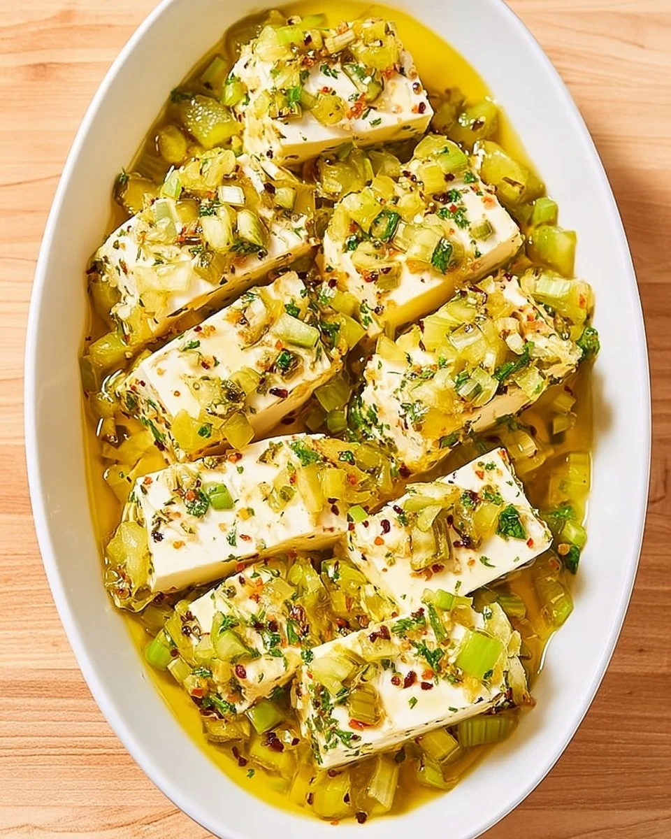 Delicious pickle-marinated cheese served on a platter with pickles and herbs