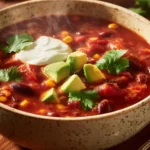 Delicious bowl of quick and easy taco soup with toppings