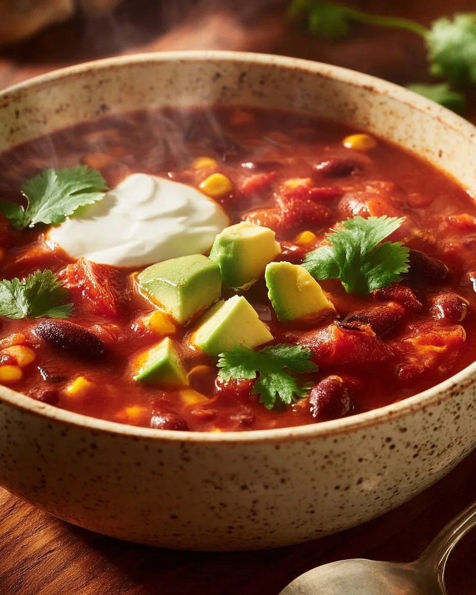 Delicious bowl of quick and easy taco soup with toppings