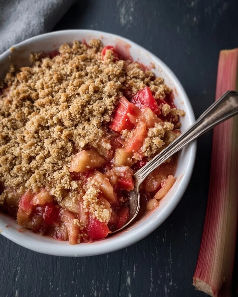 Rhubarb Crisp 1 Delicious homemade rhubarb crisp topped with a crunchy crumble.