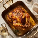 Delicious roasted chicken garnished with herbs and spices